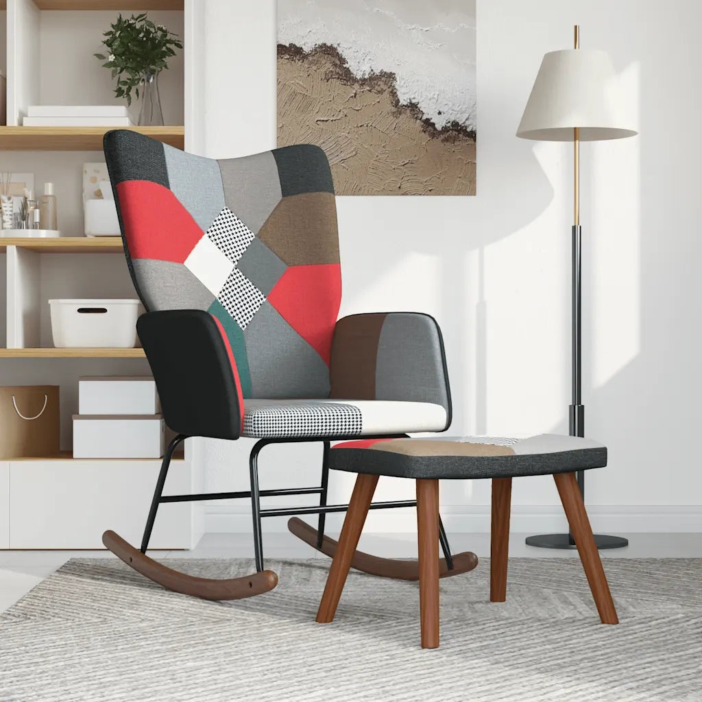 Sedia a Dondolo con Poggiapiedi in Tessuto Patchwork 328204