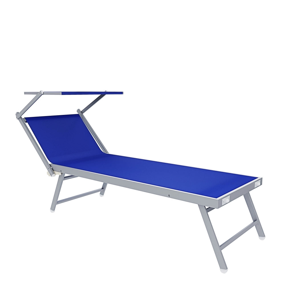 Lettino Sdraio Prendisole Professionale Richiudibile In Alluminio E Textilene con Tettino Parasole Orientabile Lettino Relax Mare Spiaggia Piscina Giardino Solarium 182 x 60 x 38 Cm Blu