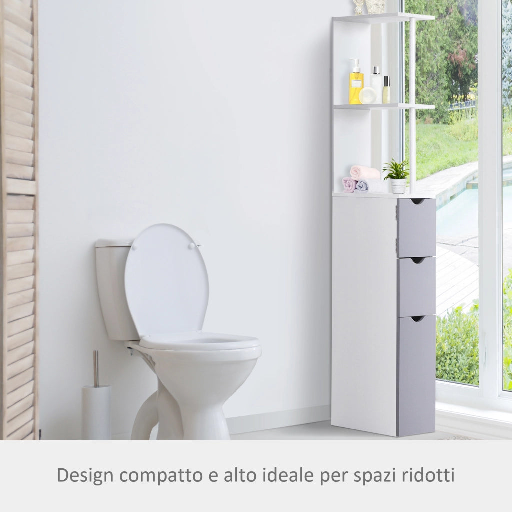 EasyComfort Colonna Bagno, Mobile Bagno Salvaspazio in Legno, Mobiletto con Armadietto, Ripiani e Cassetti, 15x33x136 cm, Grigio Chiaro