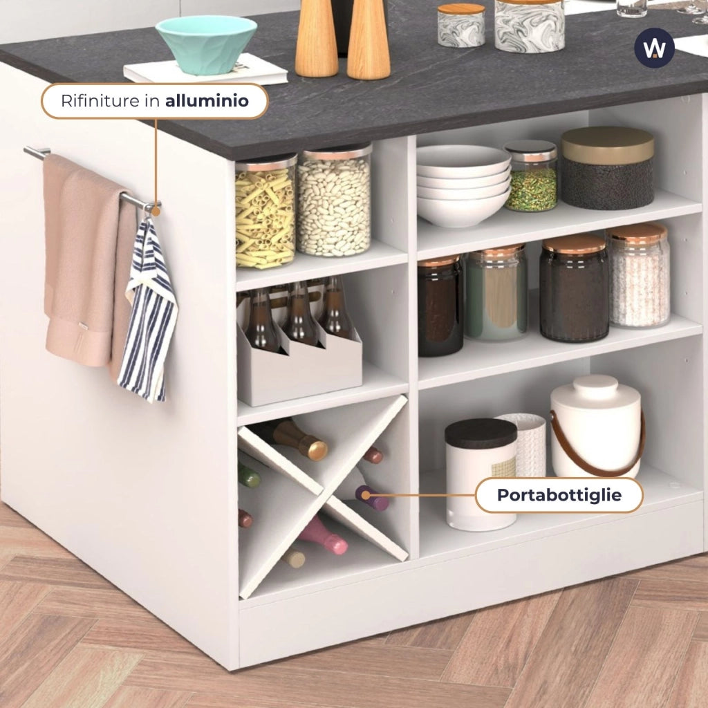WHOUS Isola da cucina Sole con 1 anta 2 cassetti e 6 vani bianco lucido/report 153x90x91 cm