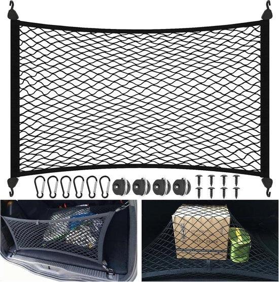 Telaio per bagagliaio auto 80 x 60 cm, rete per bagagliaio auto estendibile fino a 150 x 110 cm, rete elastica per bagagliaio auto con 4 ganci per auto universali