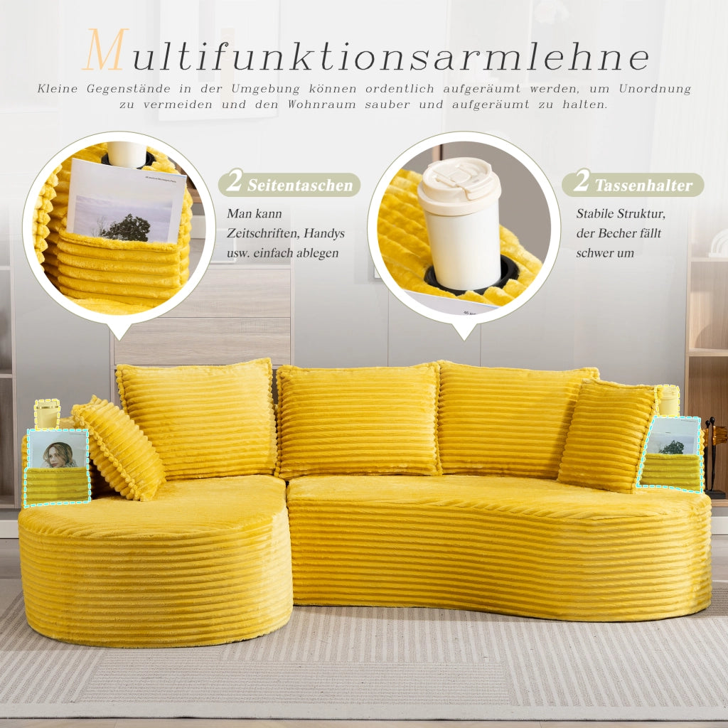 DIVANO ad arco 250x152x82 cm in velluto a coste giallo senape con portabicchieri