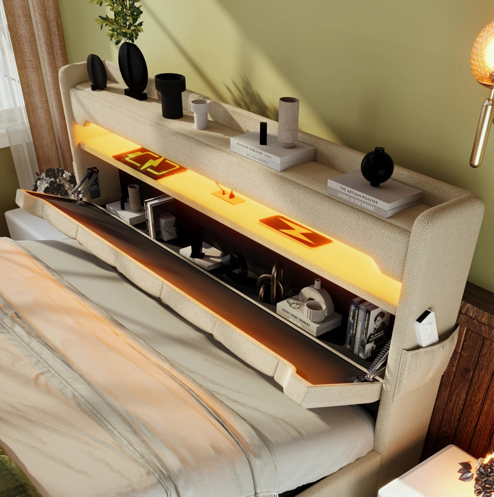 Letto matrimoniale 160x200 cm in lino beige con contenitore idraulico; LED 360掳; USB e Type-C