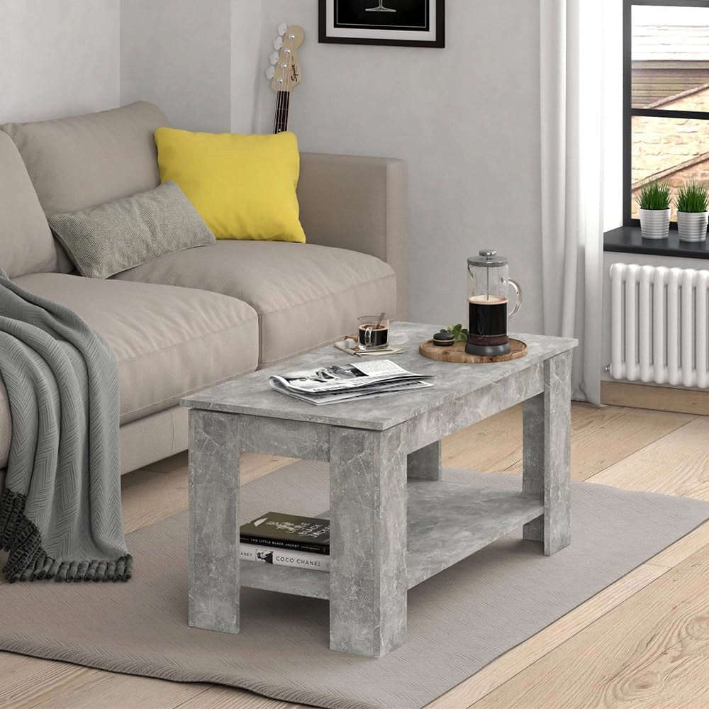 Tavolino soggiorno Lorenz, Calcestruzzo, 100 x 50 cm con funzione di sollevamento, con meccanismo di sollevamento e piano del tavolo regolabile in altezza