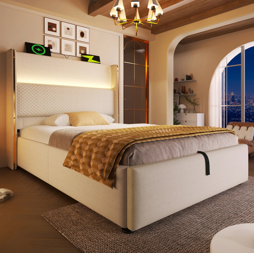 Letto matrimoniale singolo 90x200 cm con testiera alta; LED; stoccaggio e porte USB Type C; beige