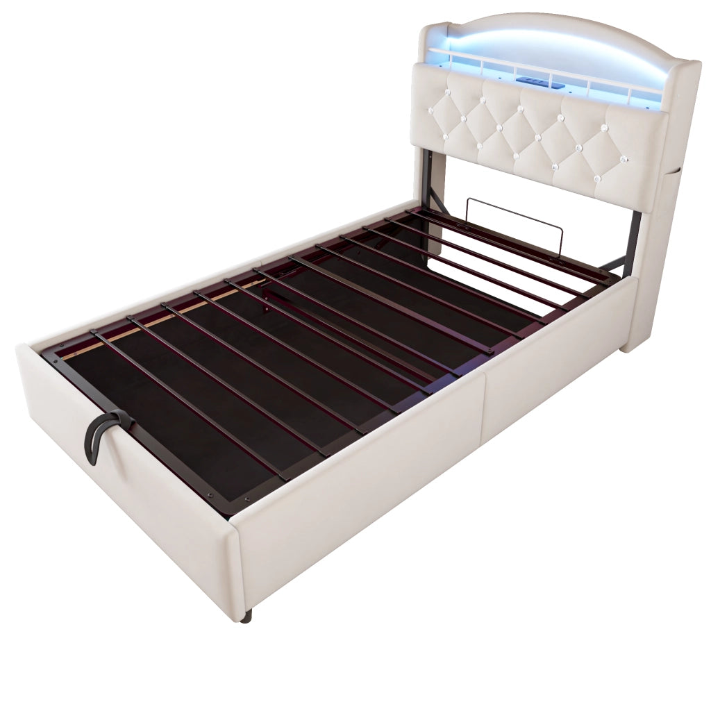 Letto per bambini singolo 90×200 cm contenitore con led; 3 usb e type-c; senza materasso; tessuto; beige