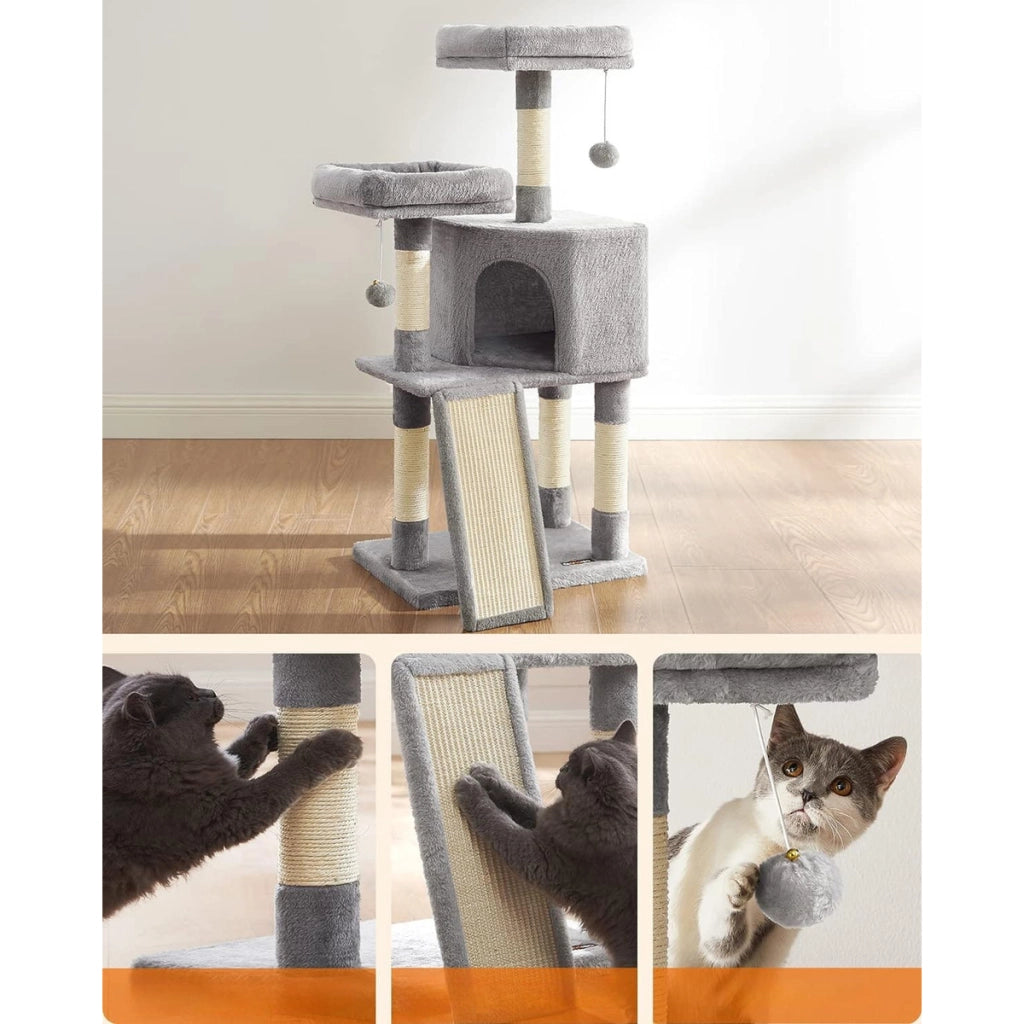Tiragraffi per gatti a torre con cuccia e amaca grigio chiaro