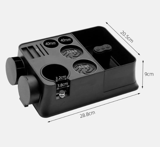 Tamper per caffè italiano, nero, base multifunzionale per tamping, cassetta per capsule di caffè, spazio di riposo per il tamper.
