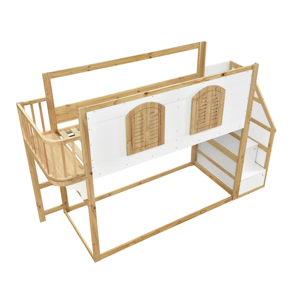 Letto a soppalco 90x200 cm, letto per bambini, con contenitore, design a finestra, pino + MDF, bianco + color legno naturale