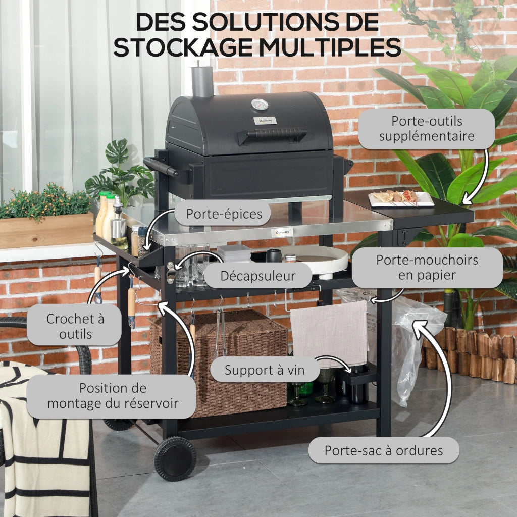 Carrello per barbecue plancha con ripiano in acciaio inox, 6 ganci e ripieghevole ¨C zephmum ¨C grigio 60x45x90