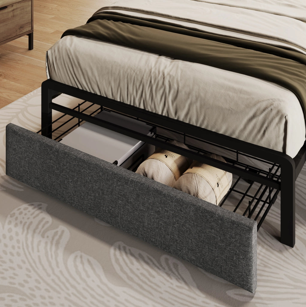 Letto singolo 90x200 cm in lino grigio con testiera contenitore; LED e cassetti