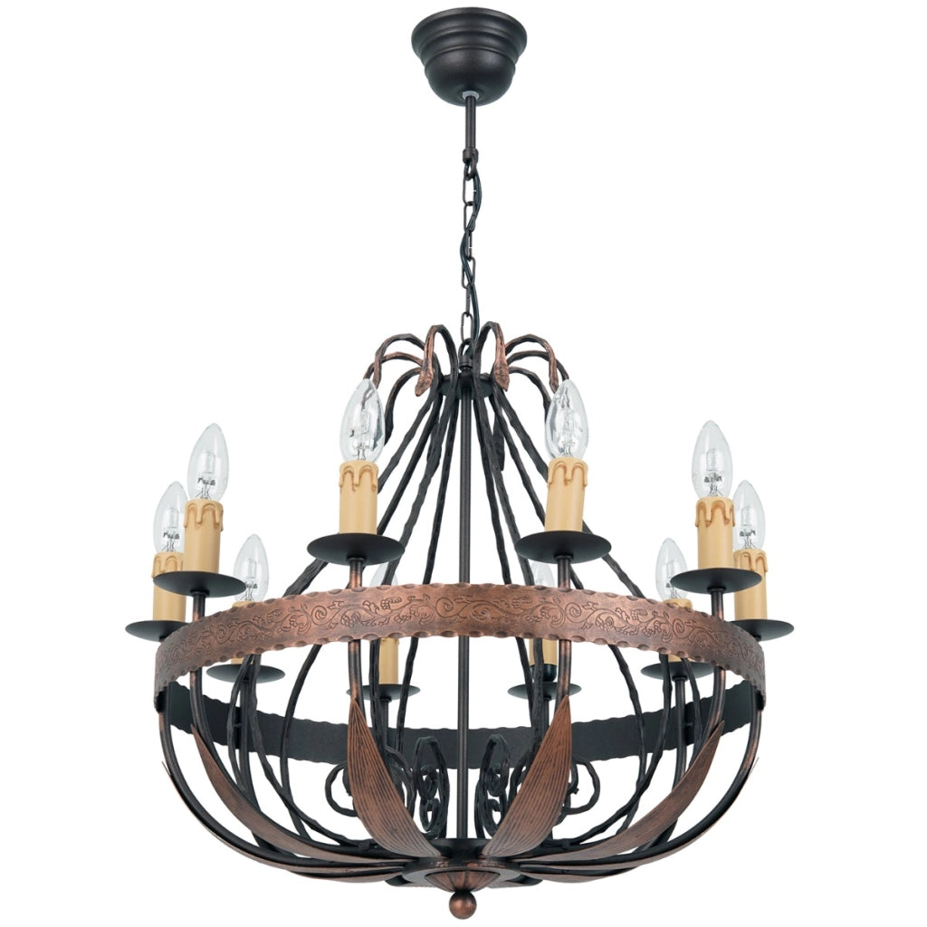 Lampadario rustico Loara 10 luci E14 15W rame Luminex