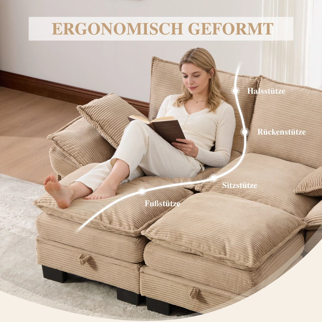 Divano modulare 2 posti con 2 pouf, seduta ergonomica, USB-C e tasche laterali in velluto a coste khaki