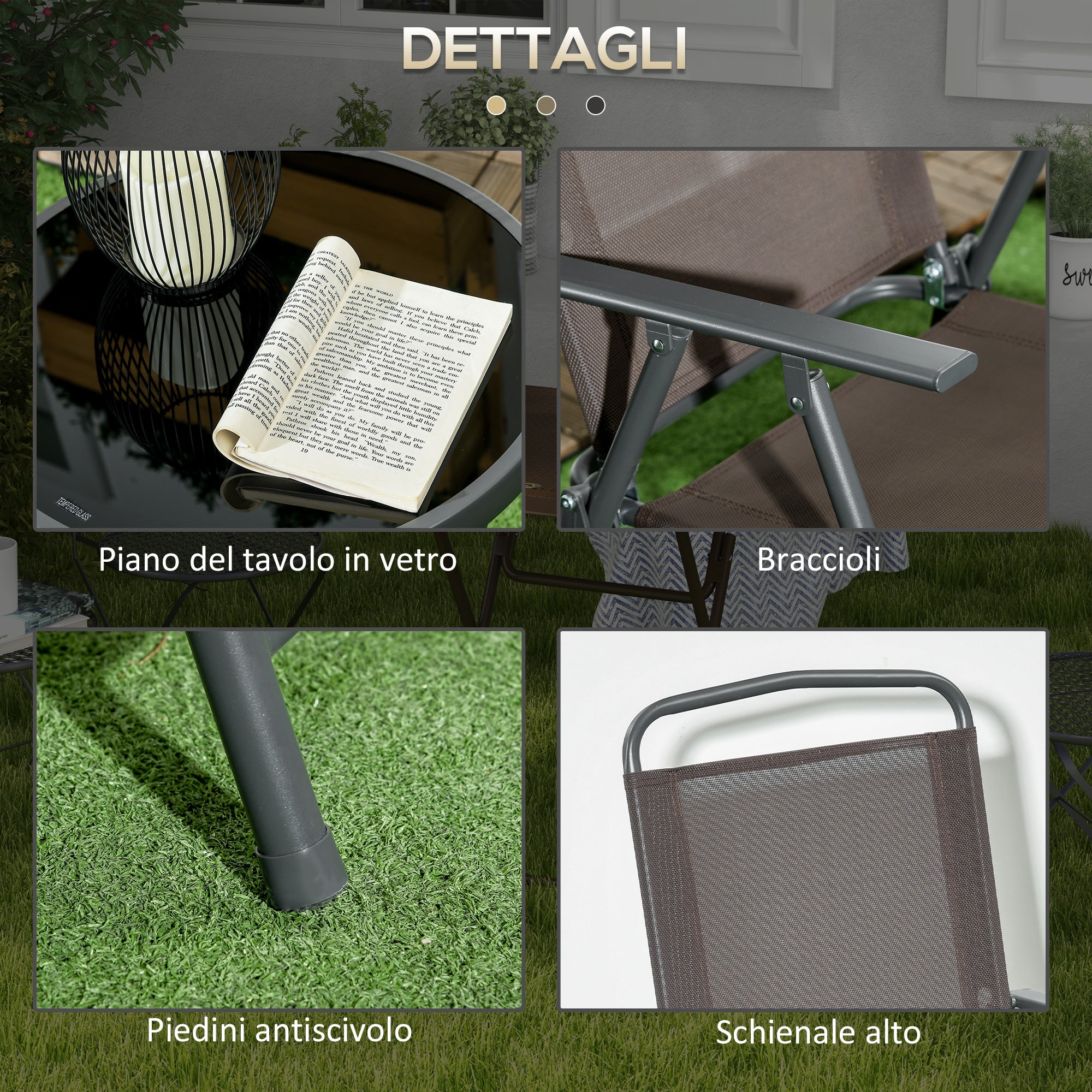 Set 3 Pezzi da Giardino con 2 Sedie 53,5x64x93 cm e Tavolino da Caffè Ø45x50 cm in Metallo Marrone
