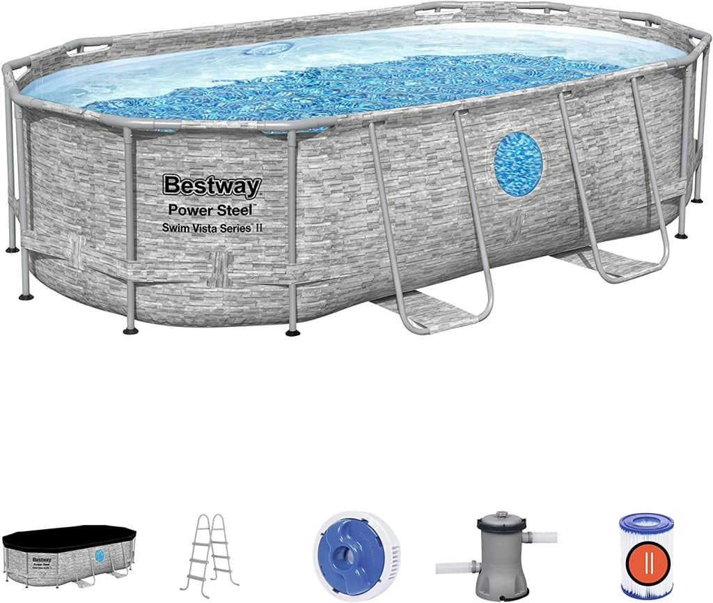 Bestway 56714 piscina fuori terra ovale effetto pietra power steel swim vista  con oblò 427x250x100 cm