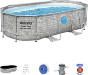 Bestway 56714 piscina fuori terra ovale effetto pietra power steel swim vista  con oblò 427x250x100 cm