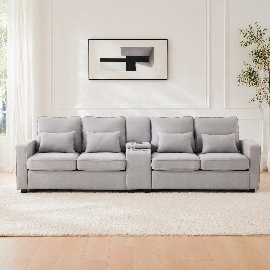 Divano Lineare 4 Posti con USB, Consolle, 2 Portabicchieri e Tasche Laterali, in Lino Grigio 290 × 83 × 88 cm