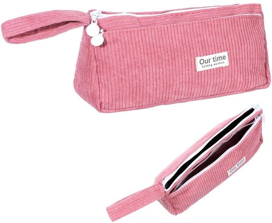 Etui corduroy stoffa, custodia rosa, custodia estetica con maniglia, lavabile, portatile, 2 compartimenti, chiusura a righello per scuola, ufficio, organizzazione cosmetici (rosa)