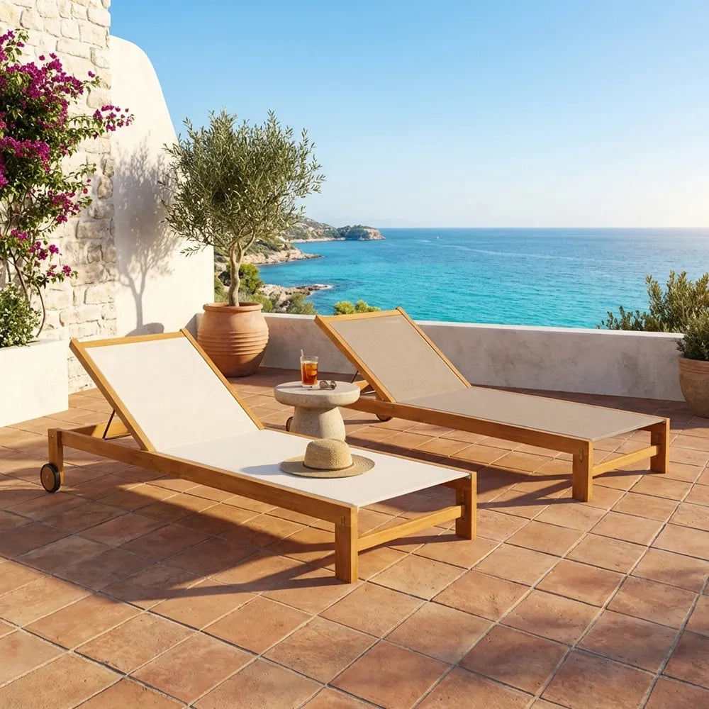 Set 2 Lettini Prendisole in Legno Teak con Ruote - Java Col. Beige