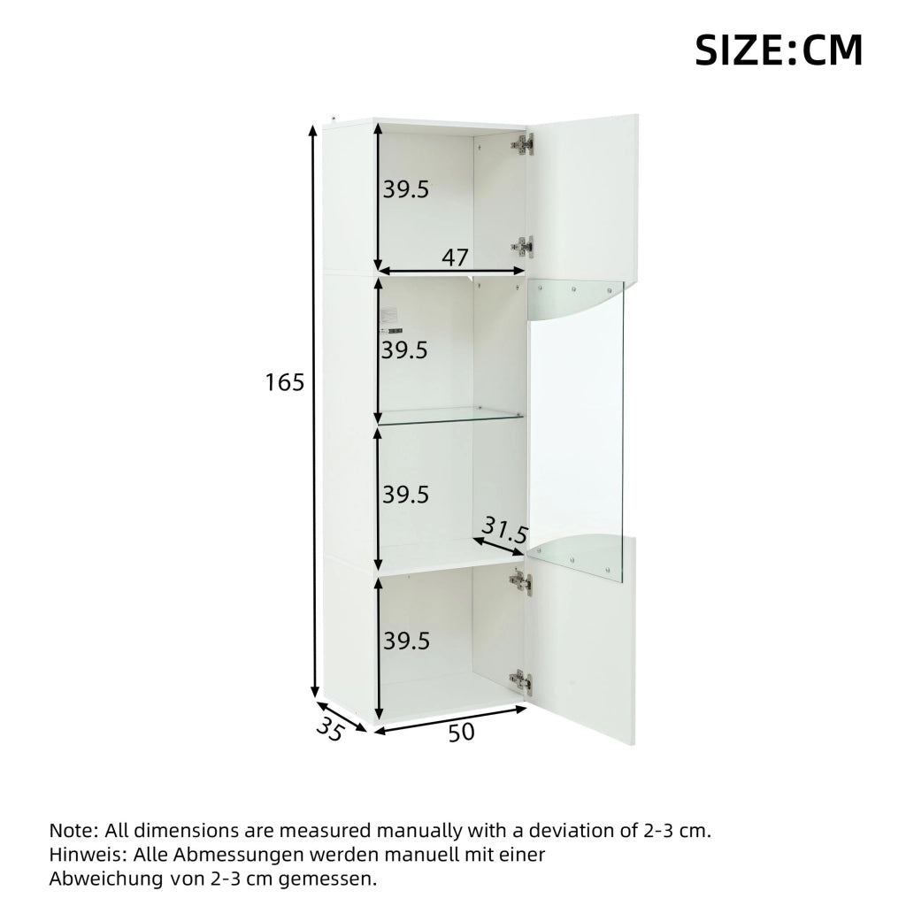 Vetrina con LED e 4 ripiani per soggiorno in truciolare e vetro temperato bianco 35 × 50 × 165 cm