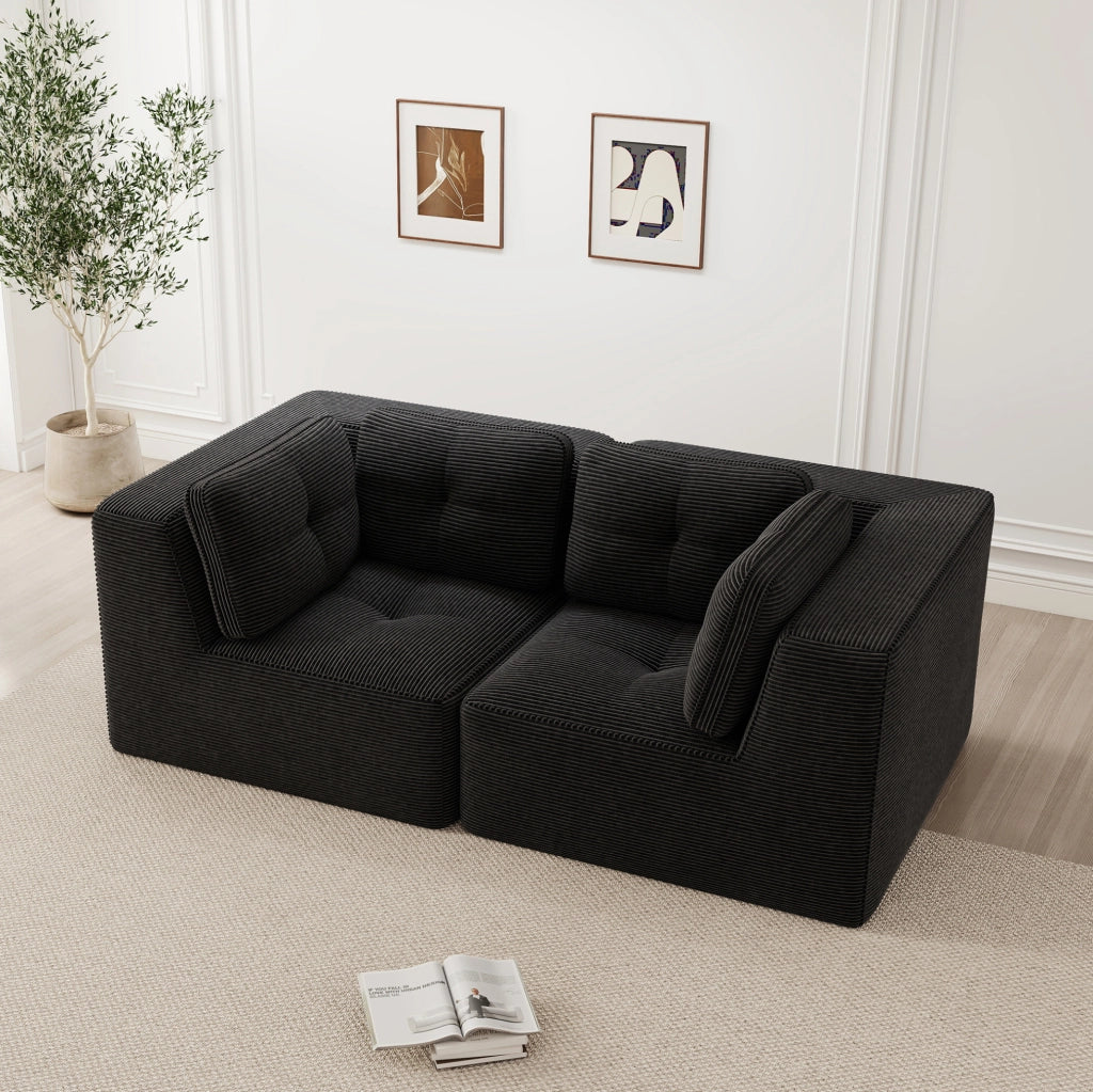 Divano angolare modulare 208x104x69 cm in velluto a coste nero; senza struttura rigida