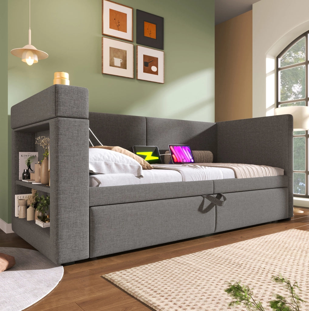 Daybed imbottito grigio 90x200 cm con letto estraibile, braccioli con ricarica USB e Type-C, senza materasso