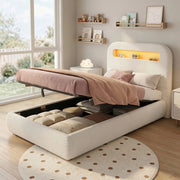 Letto Singolo Imbottito con Contenitore, LED e Rete a Doghe ¨C Xylo ¨C Boucl¨¦ Bianco 90x200