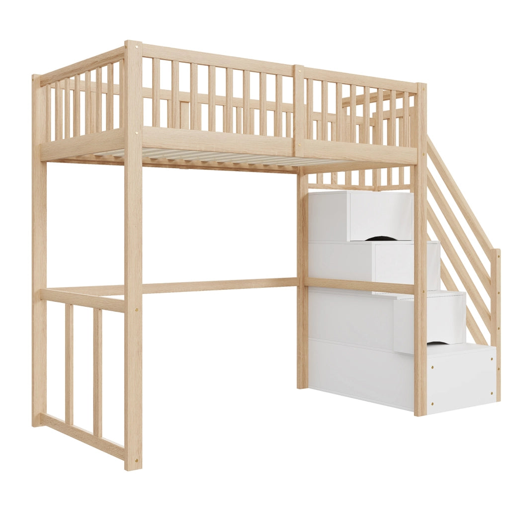 Letto alto 90x200 cm con scala contenitore; legno; colore naturale (Senza materasso)