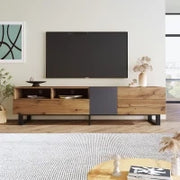 Mobile TV Moderno Colorblocking con Venature in Legno e Superficie Lucida, Design Irregolare, Senza Maniglia, Rovere + Antracite, Nero