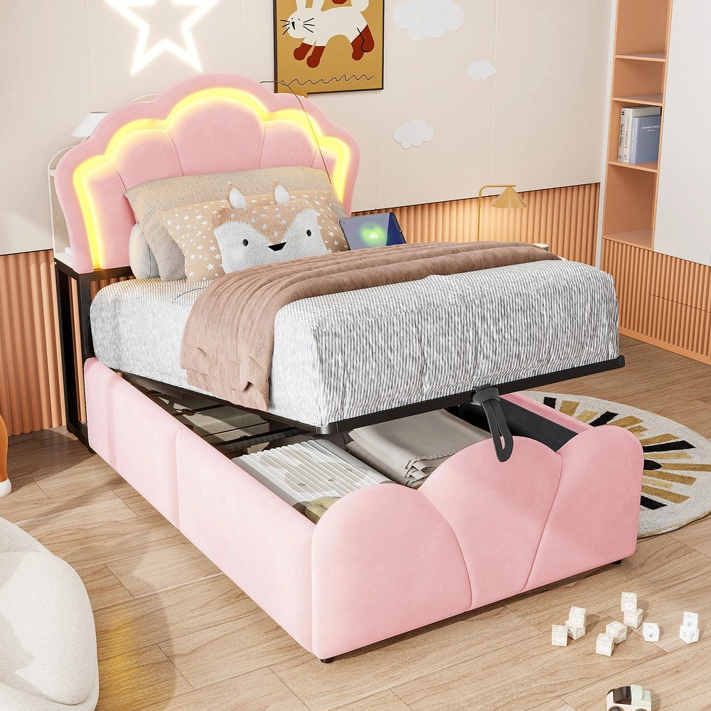 Letto imbottito contenitore con LED ¨C Minimal ¨C Rosa velluto 90x200cm