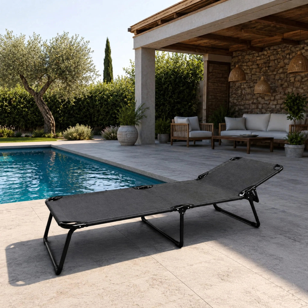 Lettino Pieghevole Prendisole Senza Tettuccio Parasole Schienale Reclinabile Regolabile Struttura In Metallo Nero Sedia Sdraio Per Spiaggia Mare Giardino Piscina 187 x 53 x 24 Cm Grigio Scuro