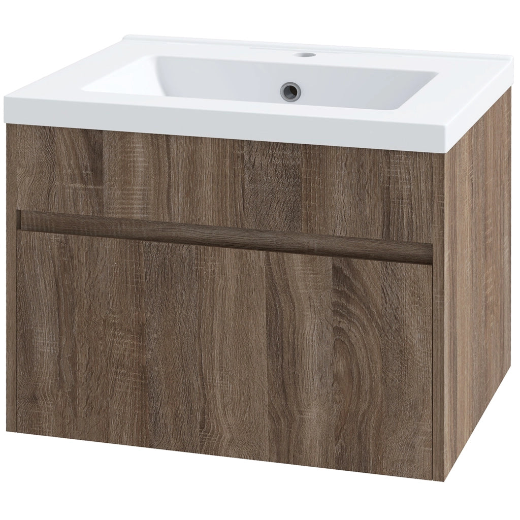 Mobile Lavabo da 60cm con Lavandino in Ceramica, Mobile Bagno Sospeso in Legno con Cassetto Soft Close, Marrone Chiaro