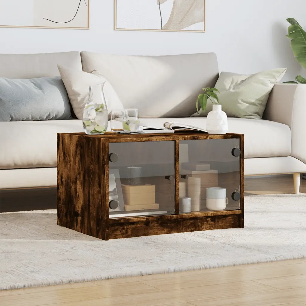 Tavolino da salotto | Tavolino da caff¨¨ | Tavolino da Soggiorno con Ante in Vetro Rovere Fumo 68x50x42 cm