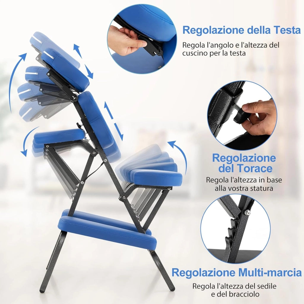 Sedia da Massaggio Pieghevole e Leggera, per Viaggi Tatuaggi e SPA, Sedia da Massaggio con Altezza Regolabile con Poggiatesta e Borsa da Trasporto (blu)