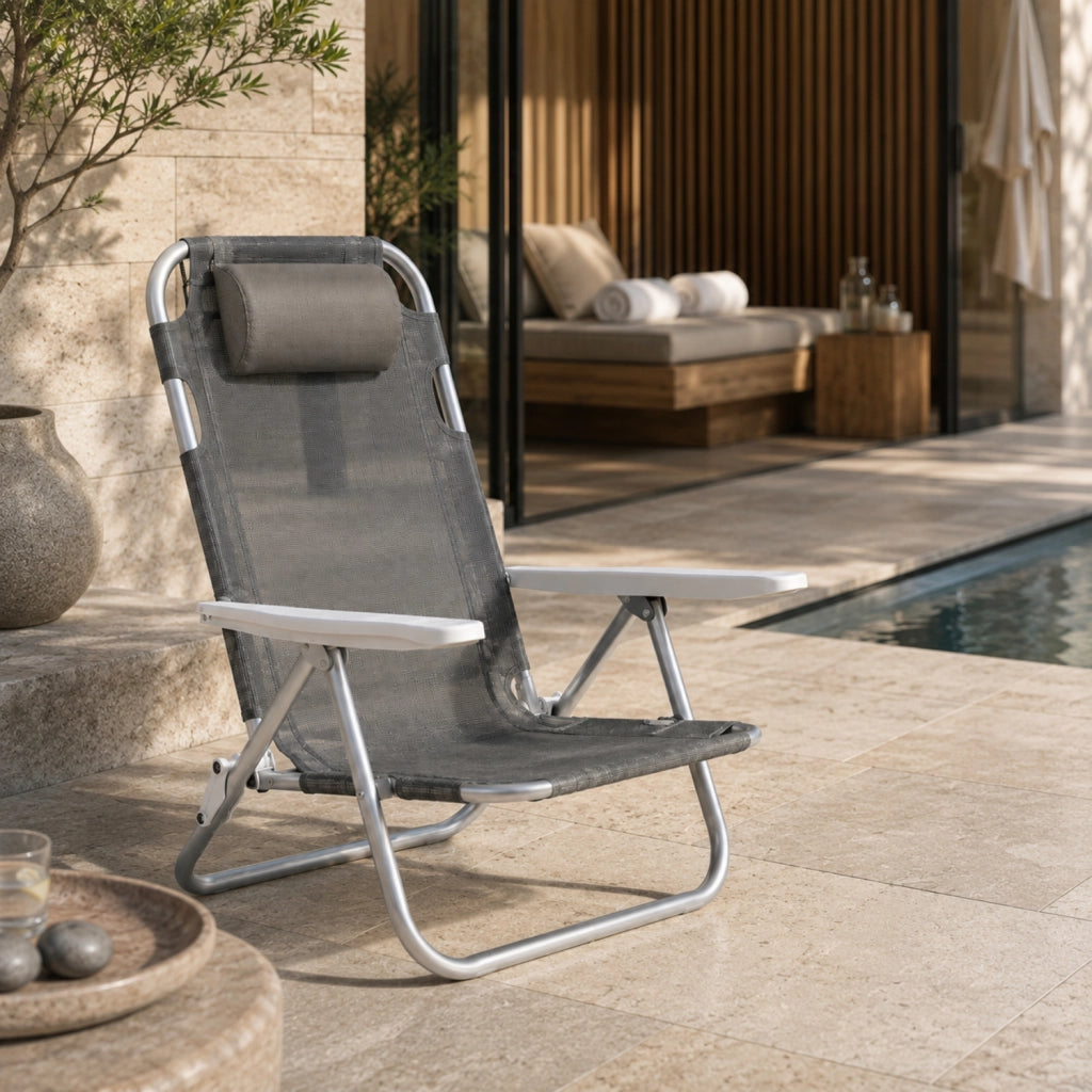 Spiaggina Reclinabile Da Mare E Campeggio Con Poggiatesta Imbottito Sedia Pieghevole In Alluminio E Textilene Traspirante Trasformabile In Lettino 48.5 x 60 x 80 Cm Grigio
