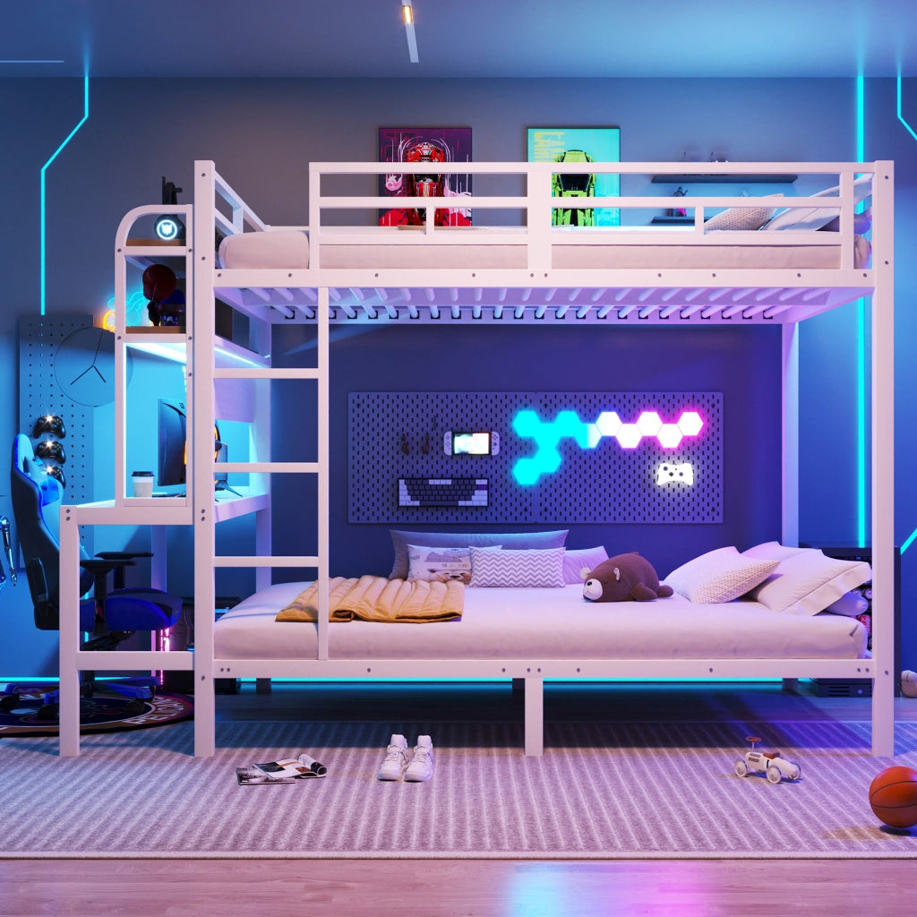 OKWISH Letto a Castello 140×200 cm, Letto Matrimoniale con Scrivania, LED Regolabile, USB, Ripiani e Scala, senza Materasso, Bianco