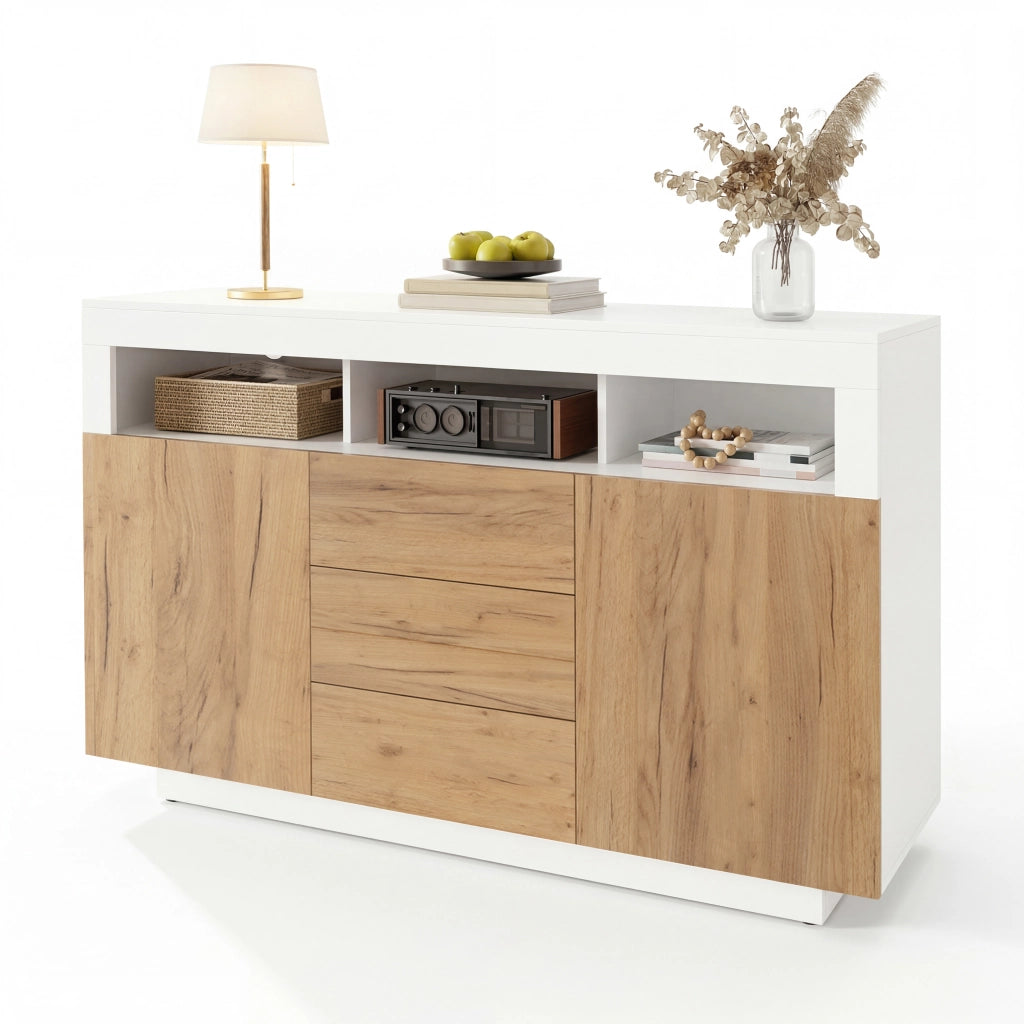 Credenza con 3 cassetti; 2 ante e 3 vani aperti - per soggiorno - bianco e naturale
