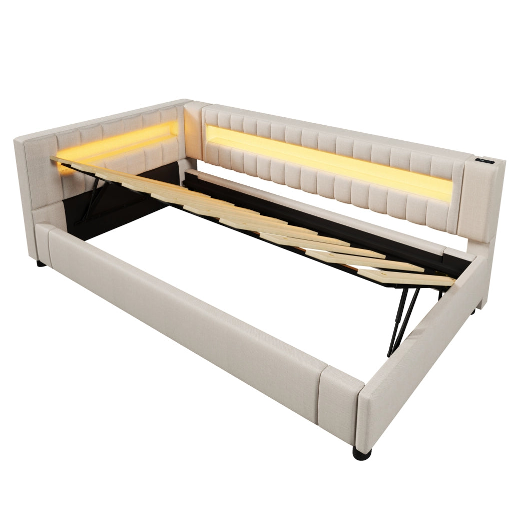 Letto da giorno 90x200 cm con LED; contenitore idraulico; USB e Type-C in lino beige