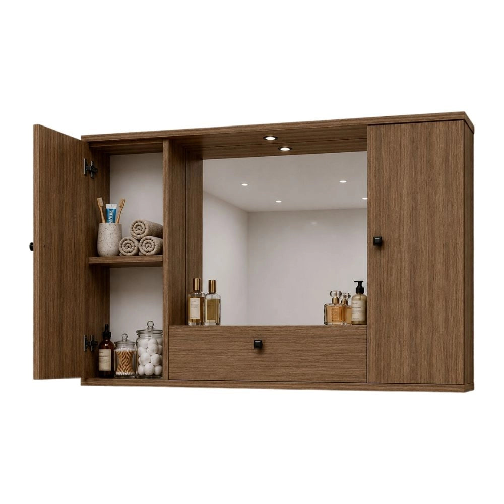 Mobile bagno pensile 3 ante con Specchio colore noce naturale 93x14x61H