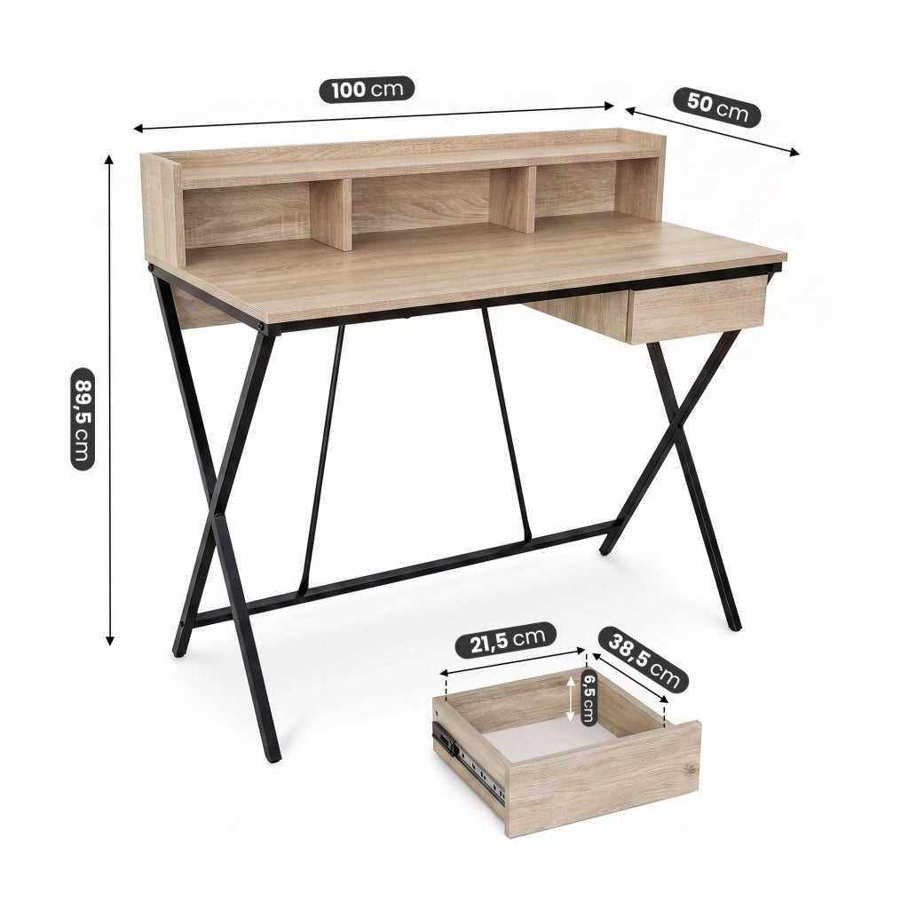 Scrivania PC industriale Rovere Sonoma FLEXO 100 cm 1 cassetto 1 ripiano gambe nere