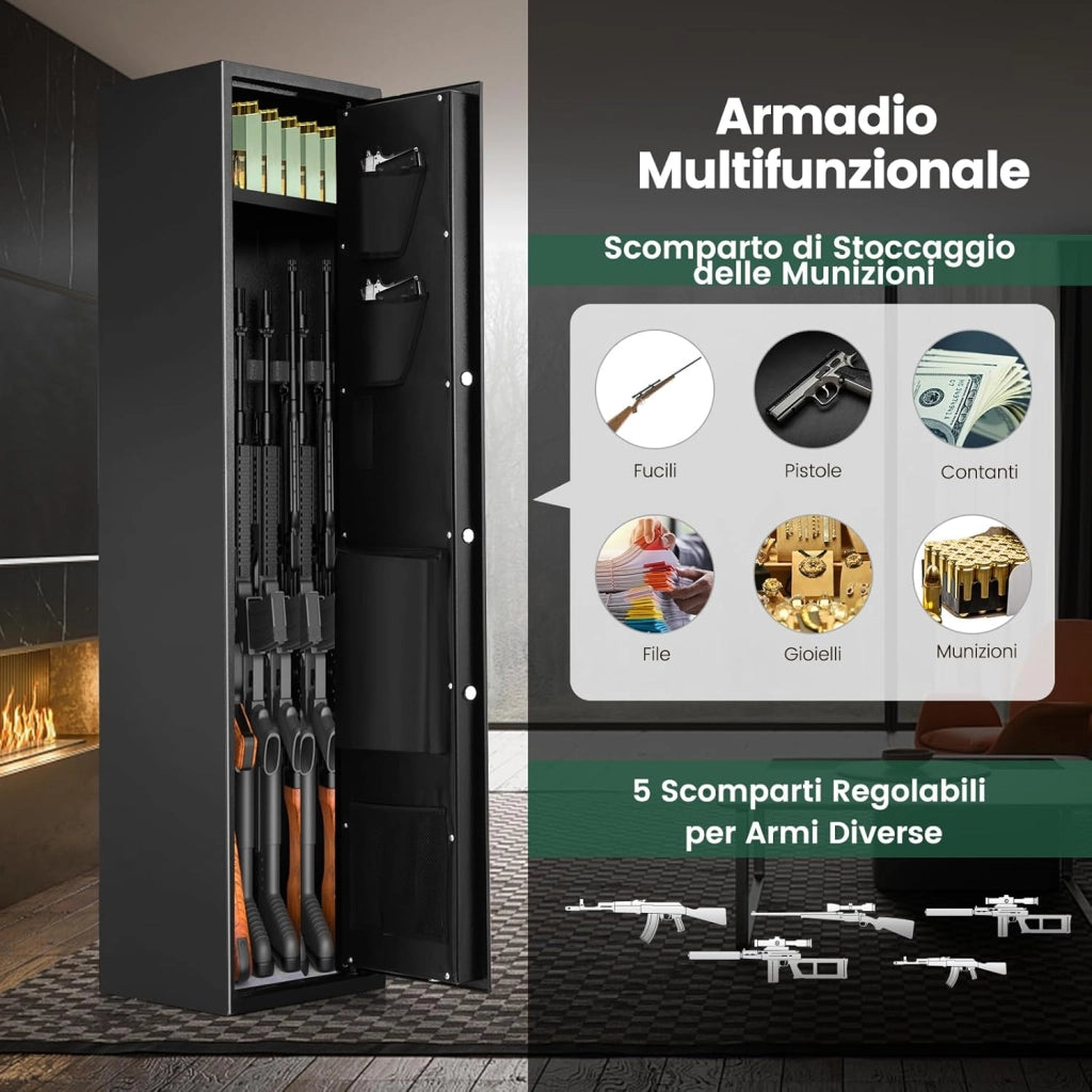 Cassaforte per 5 Fucili e Pistole Domestiche, Armadio per Armi Lunghe Pesante con Serratura Biometrica Impronta Digitale, Tastierino Digitale e Chiavi Emergenza, Tasca di Stoccaggio Integrata