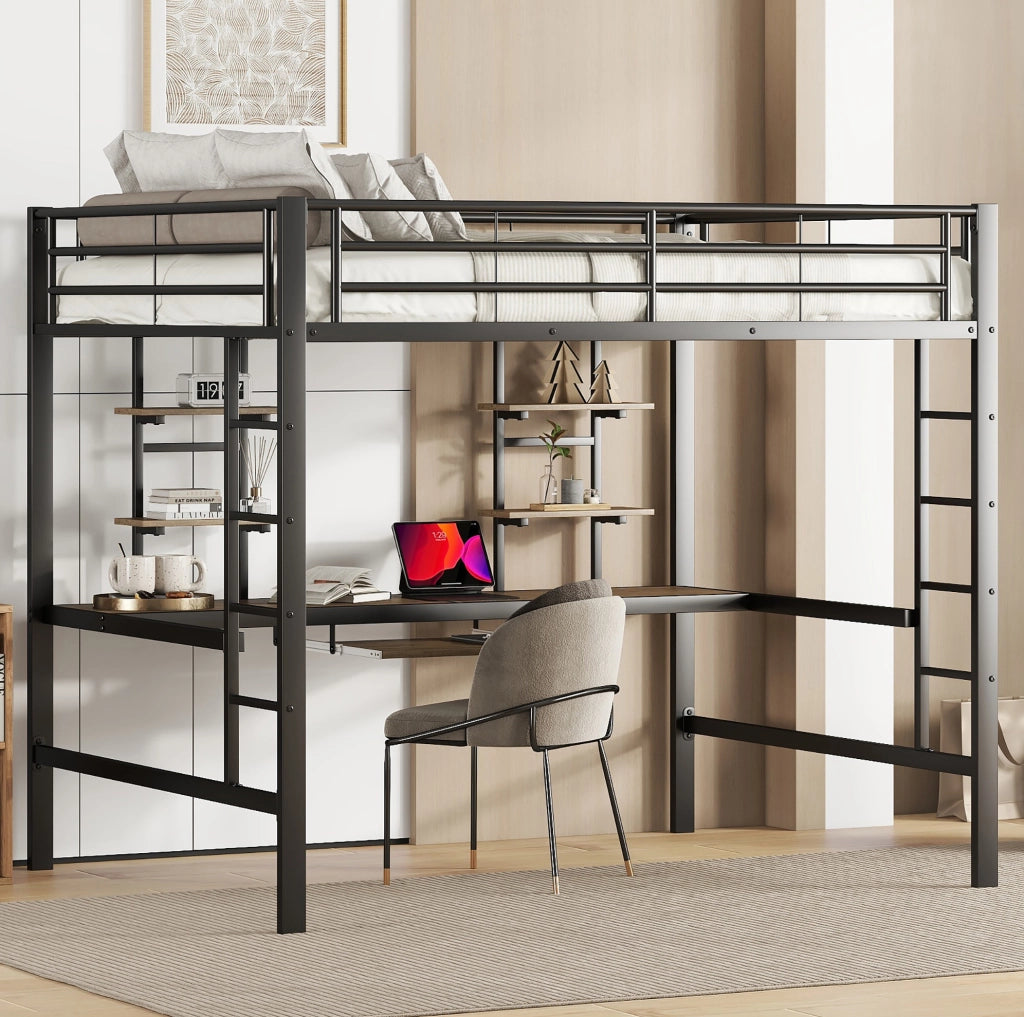 Letto a soppalco 140x200 cm con scrivania e 2 librerie nero