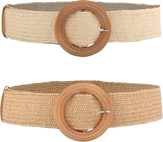 Raccordi elastici per donna, cinture elastiche in canna con fermagli in legno intrecciato (bianco, beige chiaro)