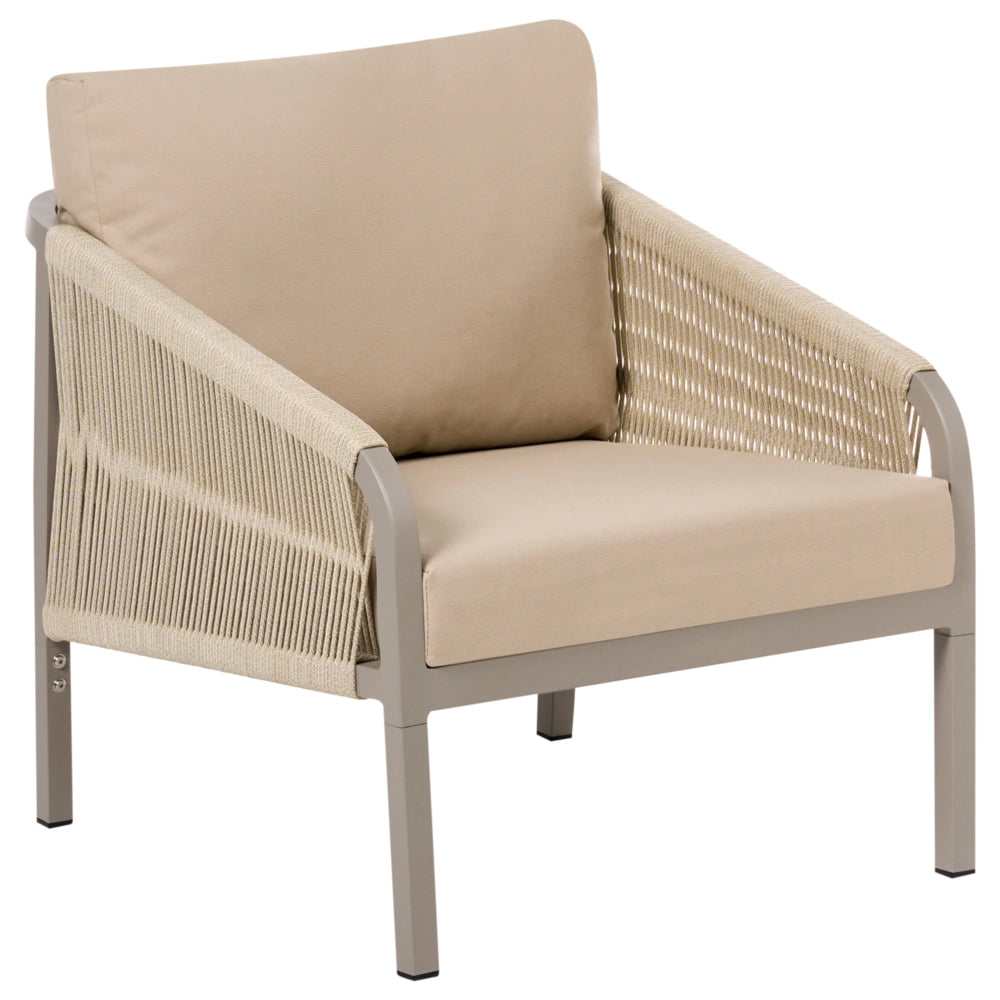 Set di divani da giardino a 5 posti Struttura in metallo beige Divano a 3 posti Poltrone con cuscini Stile moderno