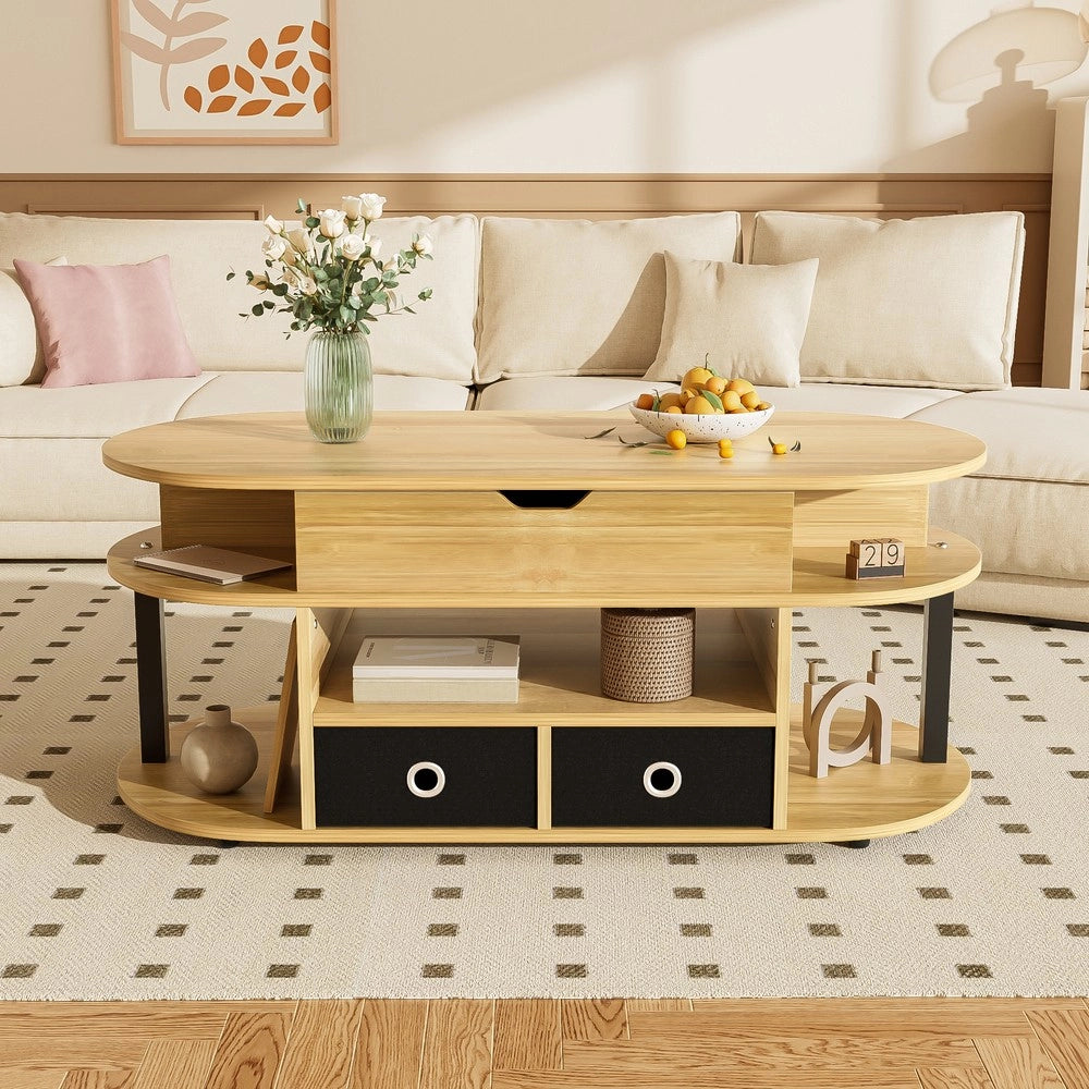 Tavolino da Salotto con Alzata e Cassetti ¨C MINIMAL ¨C Legno, Metallo Nero, Moderno