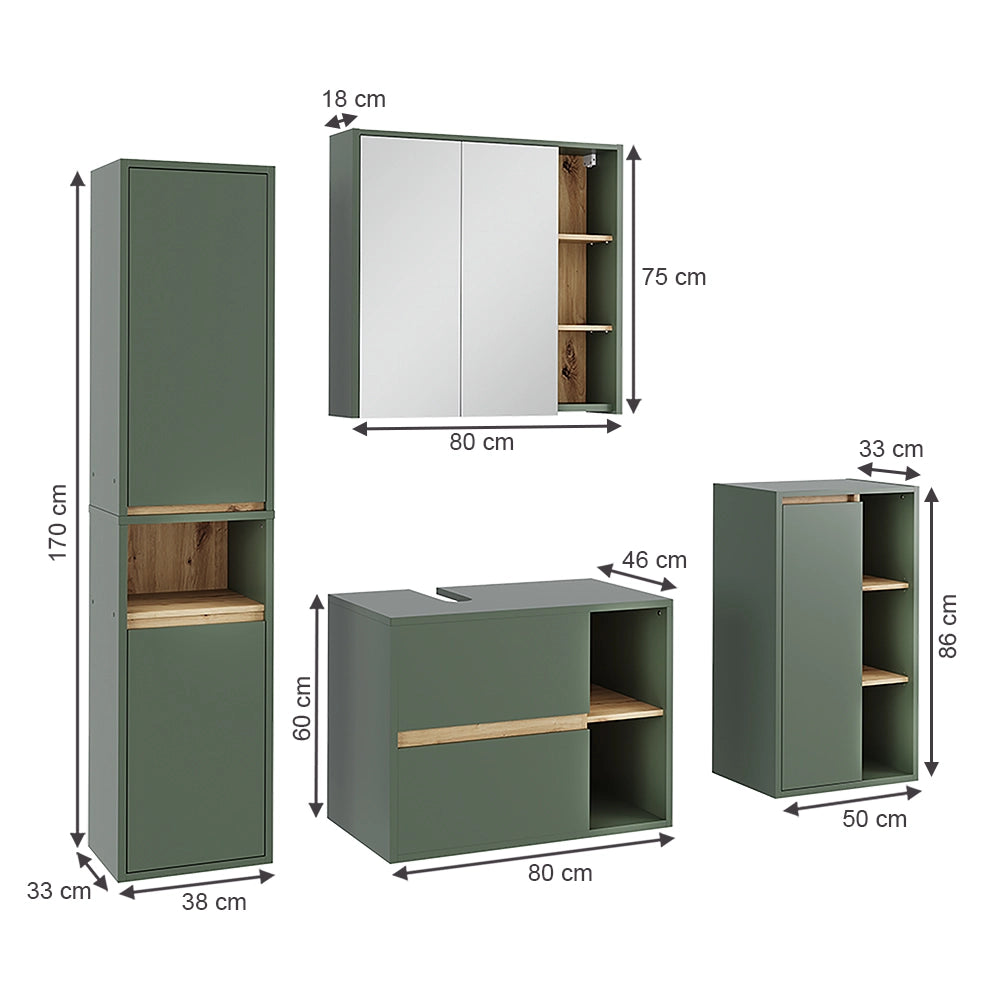 Set di mobili da bagno Viola Verde/Rovere artigianale 4 parti Vicco