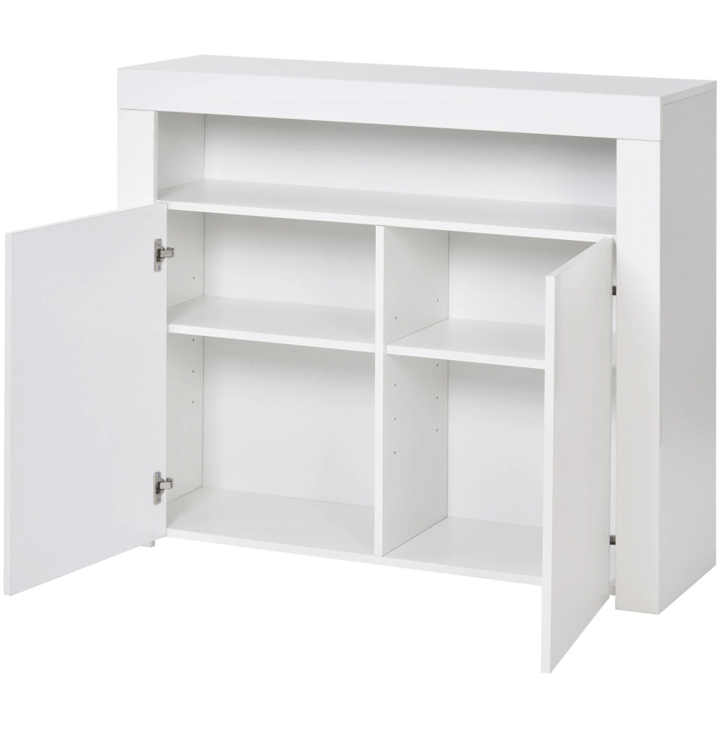 Credenza ULEVR 108x40x92 cm bianca con 2 ante, vani aperti, LED multicolore e porta USB
