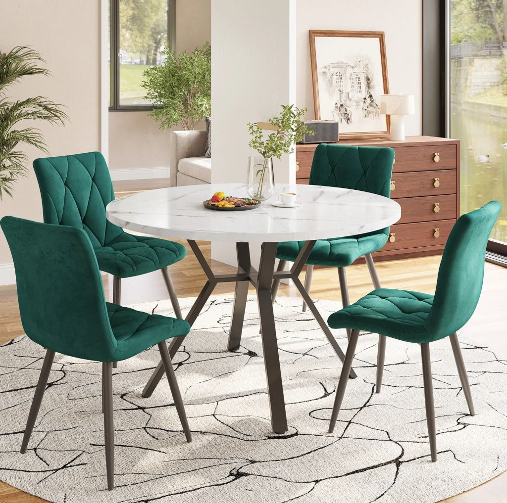 Tavolo da pranzo rotondo 100 cm effetto marmo bianco con base a X nera