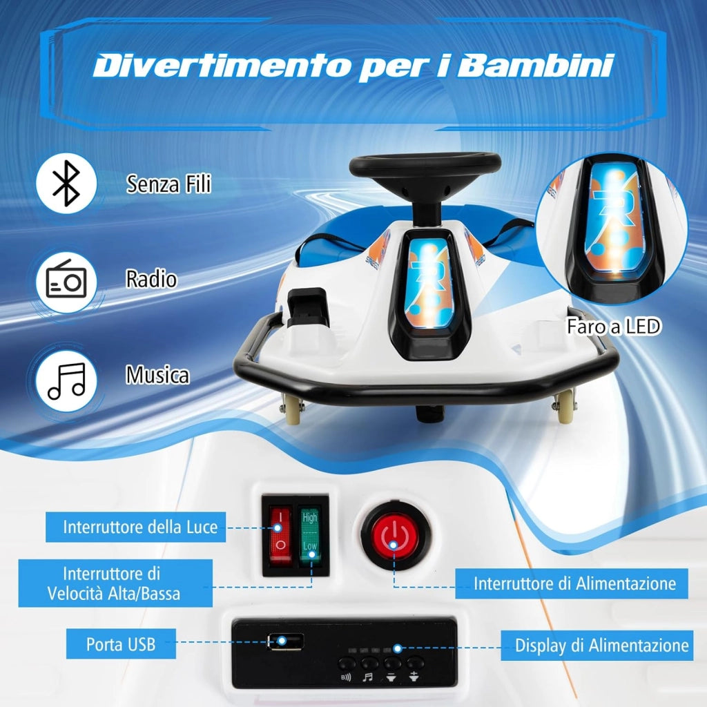 24 V Go Kart per bambini, Auto Drift con Giro a 360°, con Connessione Wireless USB Radio Musica e 3 Bandierine, Avviso Lento, 9-15 km/h, per Bambini 3+ Anni
