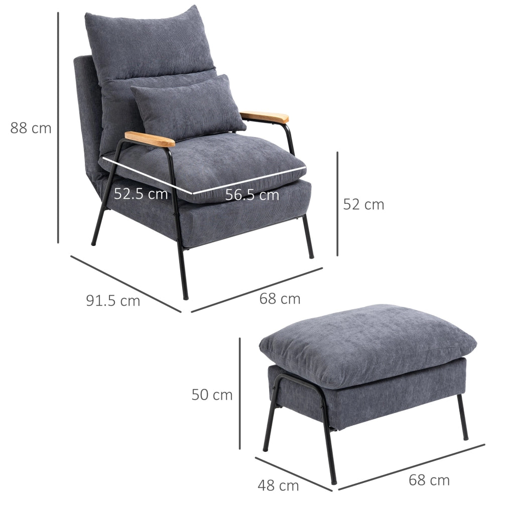 Poltrona Relax Reclinabile con Pouf Poggiapiedi in Velluto a Costine Grigio